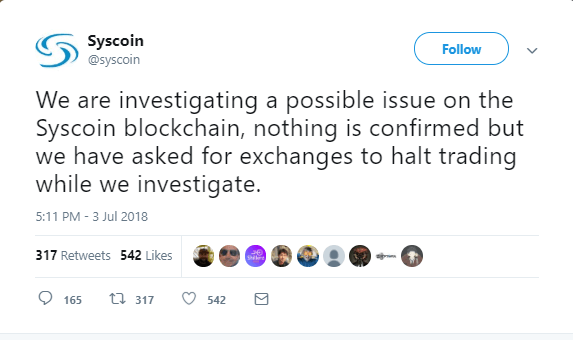 Syscoin Announces Possible Issues