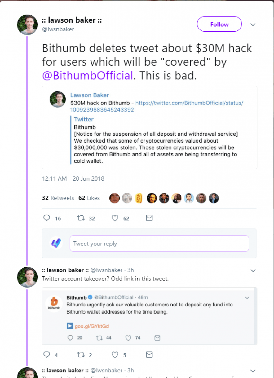 Bithumb's deleted tweet regarding compensation