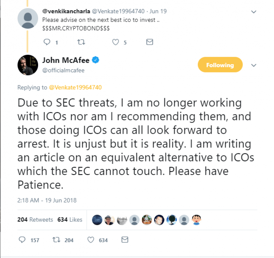 John McAfee's tweet regarding SEC threats regarding ICOs