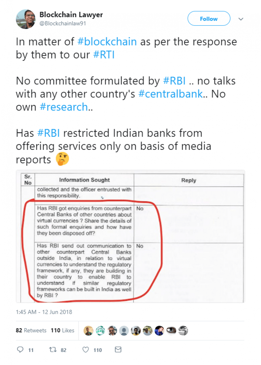 Blockchain Lawyer tweet in response to RBI sanctions